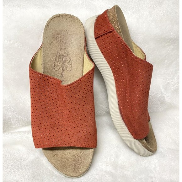 Fly London WHIN rust orange slip on open toe‎ mule sandals sz 40 wedge platform - Picture 8 of 9